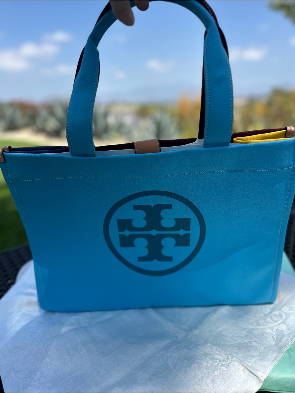 Tory Burch Turquoise Canvas Logo Tote with Navy Emblem